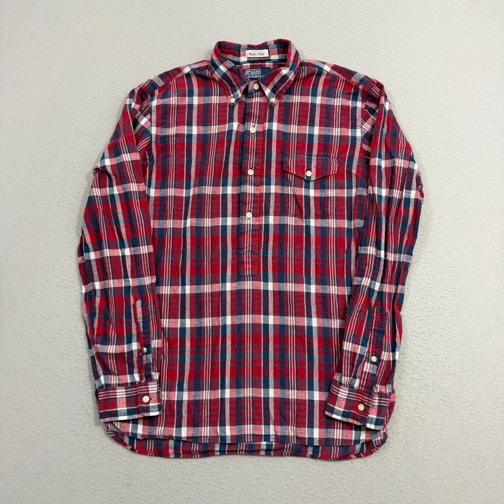 Polo Ralph Lauren Shirt Large Popover Red Plaid Bleeding Madras Classic Indigo